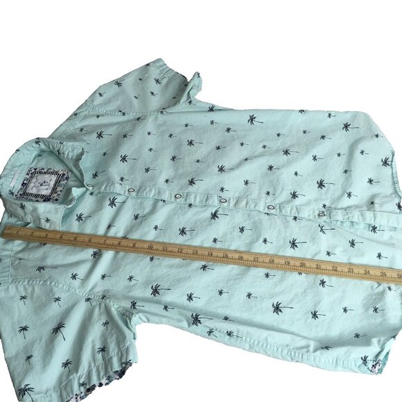 Denim & Flower Mens L Short Sleeve Button Down Shirt Baby Blue Palm Tree Print - Picture 9 of 13